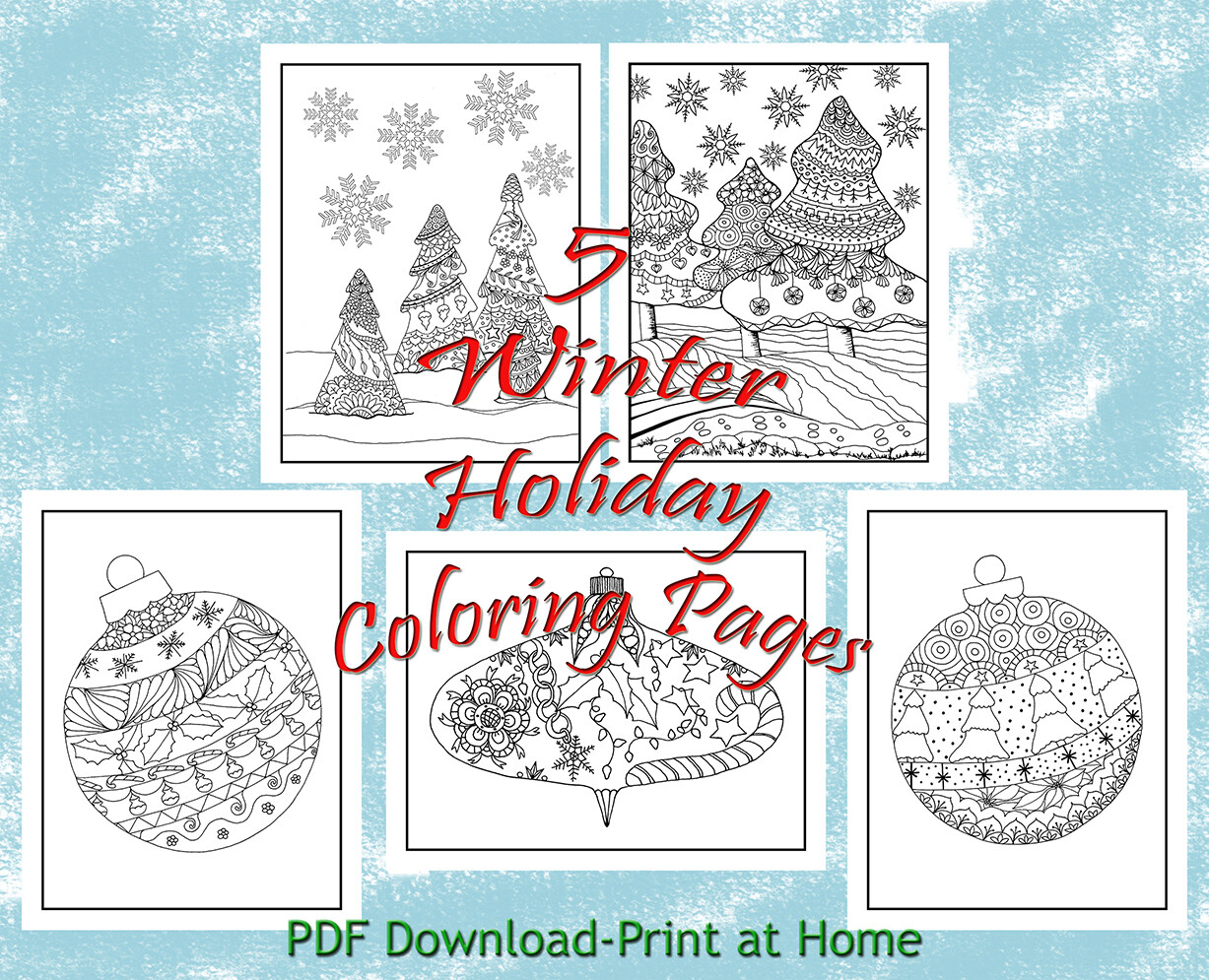 5 Winter Holiday Page Bundle to Color | Trees | Ornaments | For Adults and Kids