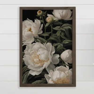 White Peonies on Black Framed Canvas