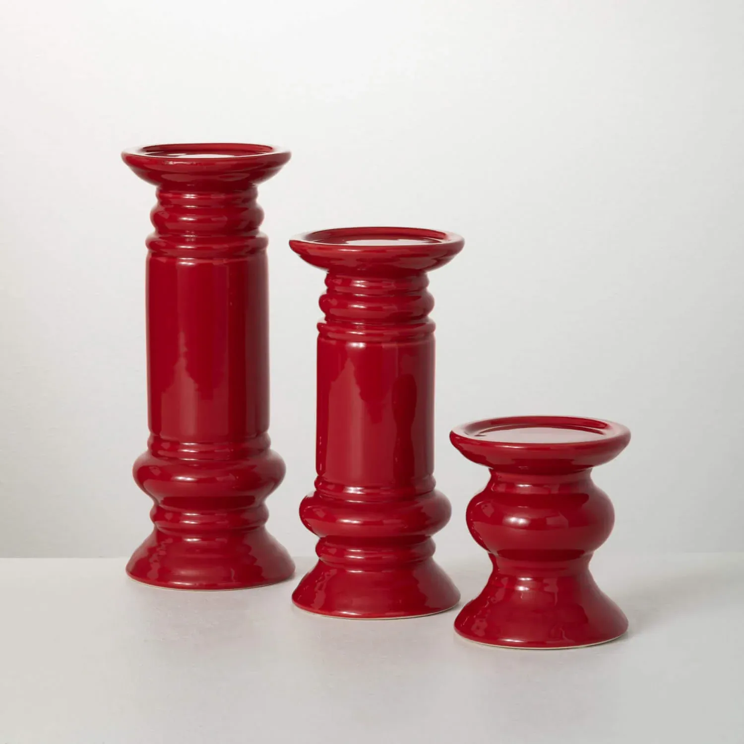 Set of 3 Red Pillar Candleholders