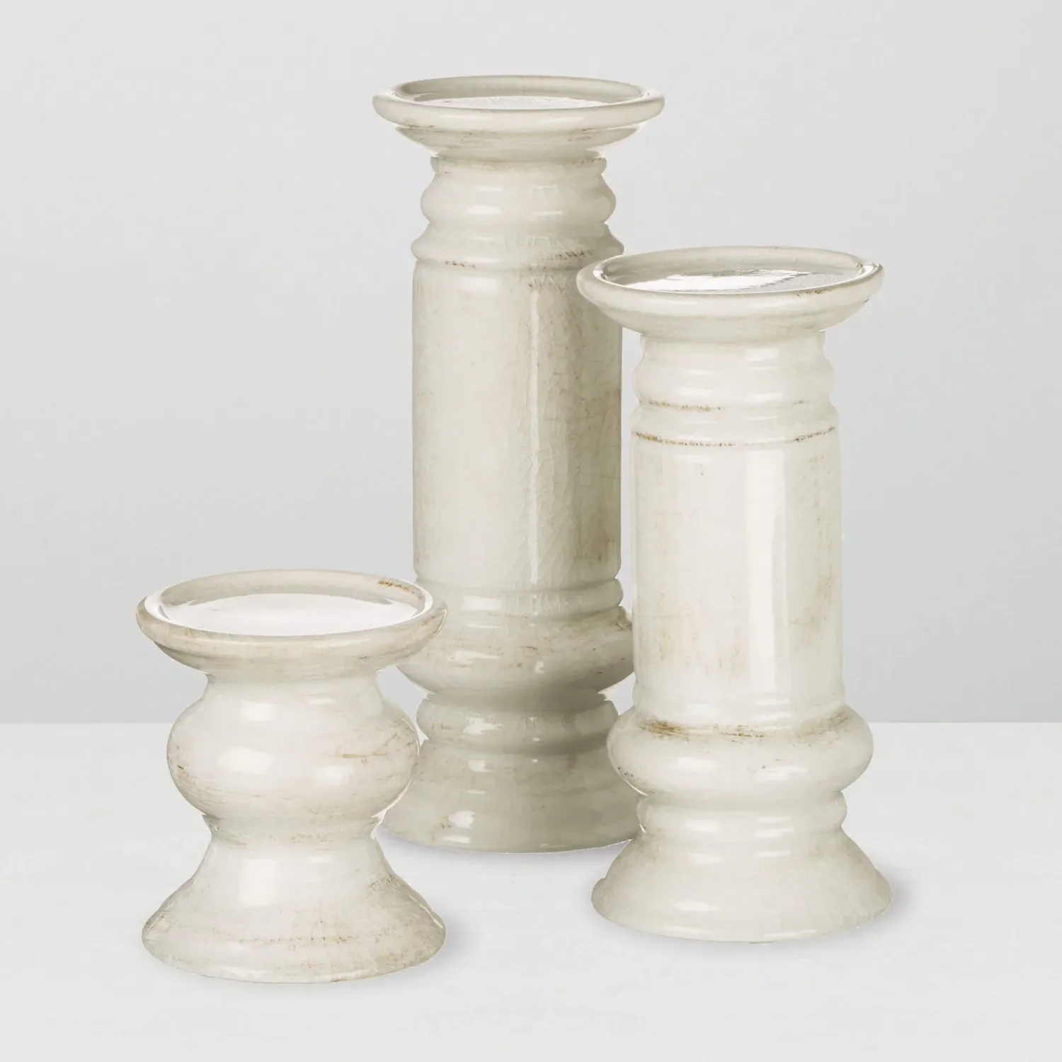 Set of 3 Cream Pillar Candleholders