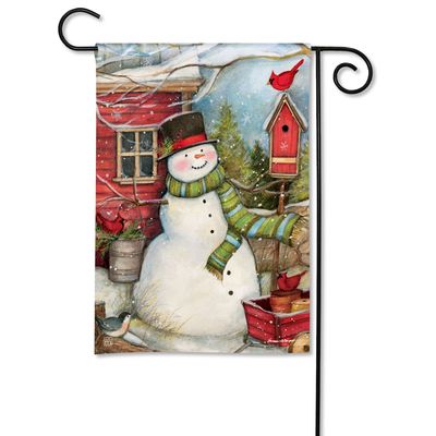 Red Barn Snowman Garden Flag