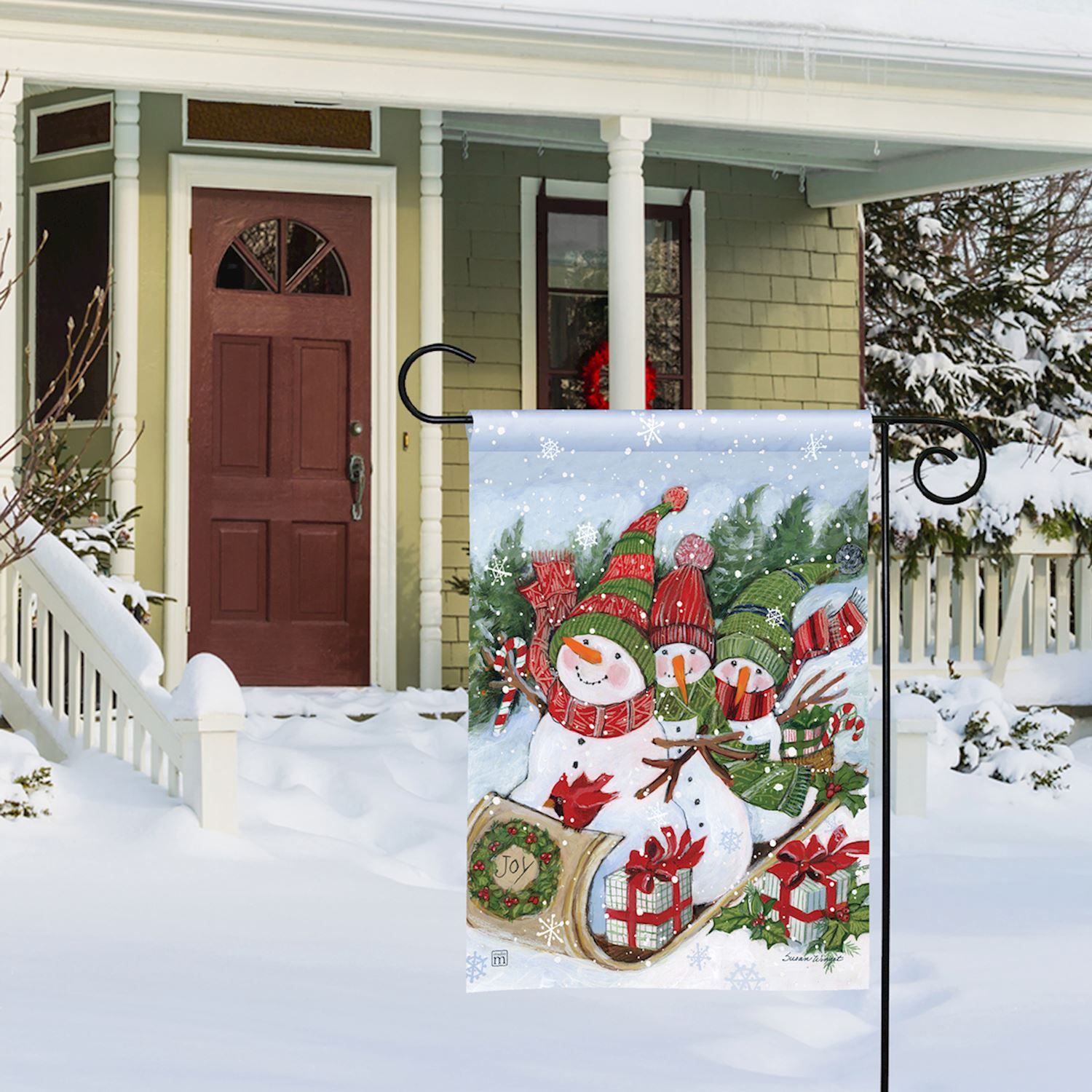 Sledding Snowman Garden Flag