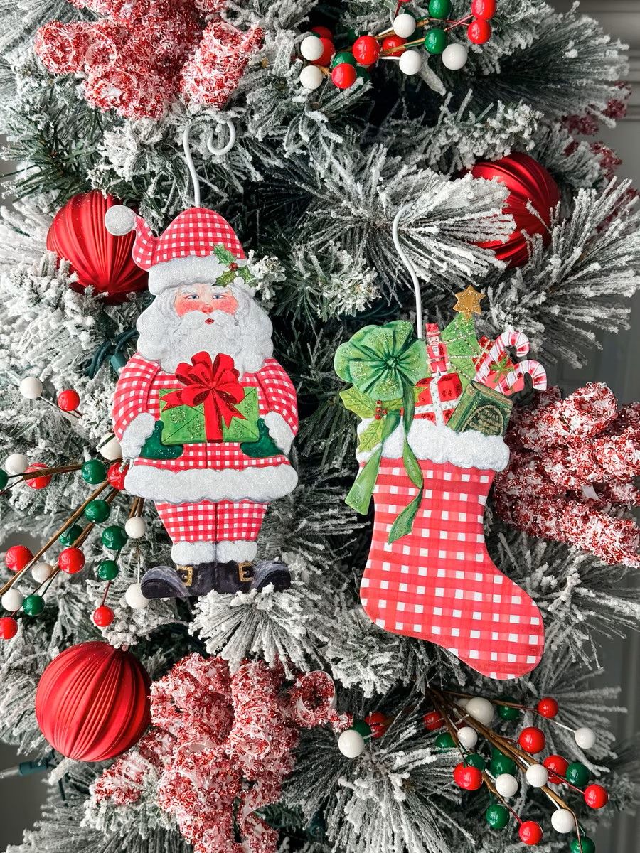 Gingham Santa &amp; Stocking Ornaments