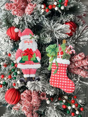 Gingham Santa &amp; Stocking Ornaments