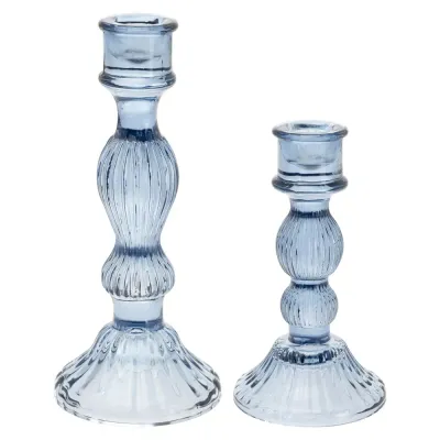 Set of 2 Blue Glass Taper Holders