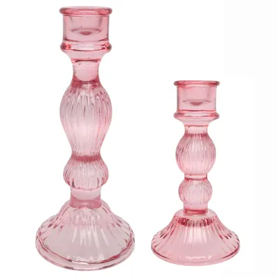 Set of 2 Pink Glass Taper Holders