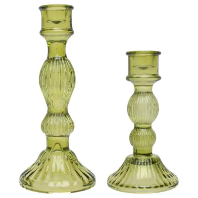 Set of 2 Green Glass Taper Holders