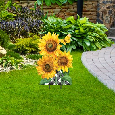 Checkered Sunflowers Yard Stake