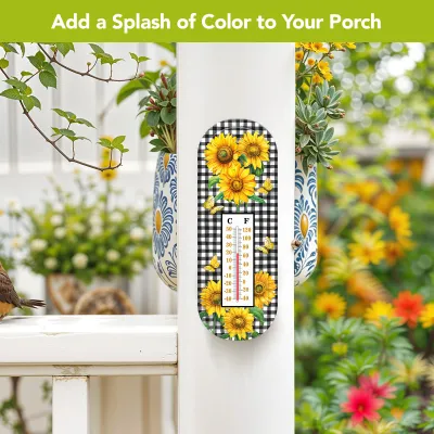 Checkered Sunflowers Metal Thermometer