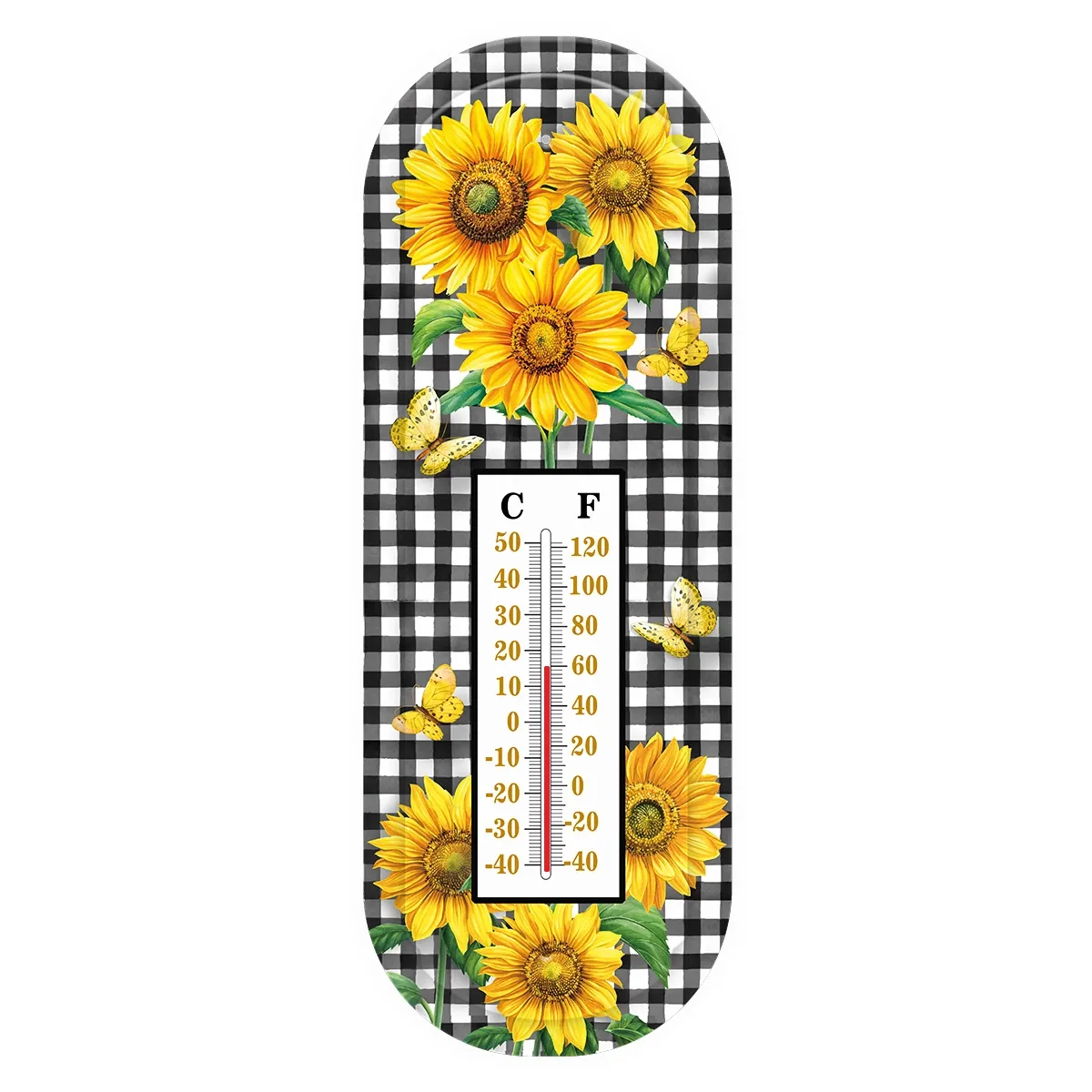 Checkered Sunflowers Metal Thermometer