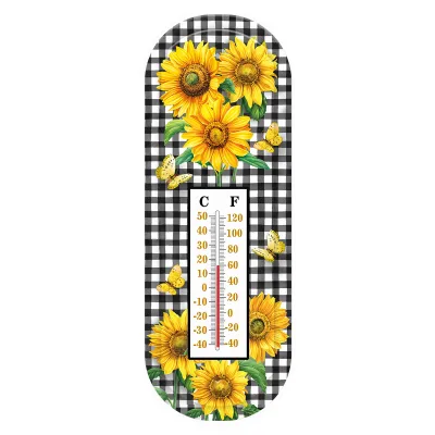 Checkered Sunflowers Metal Thermometer