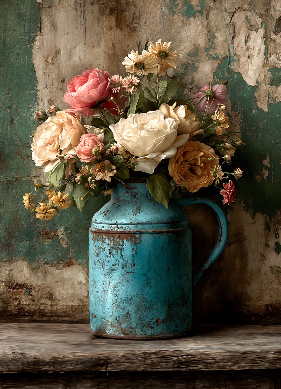Rustic Roses in Teal Jug