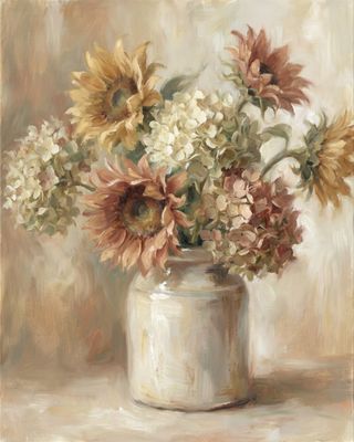 Vintage Sunflowers Hydrangeas Still Life