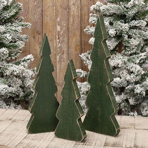 Rustic Green Wood Trees-Set of 3