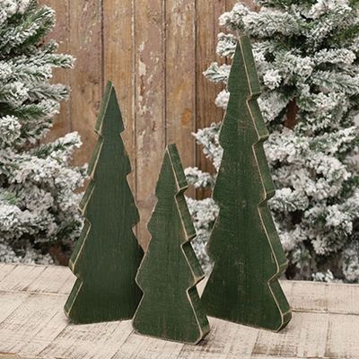 Rustic Green Wood Trees-Set of 3