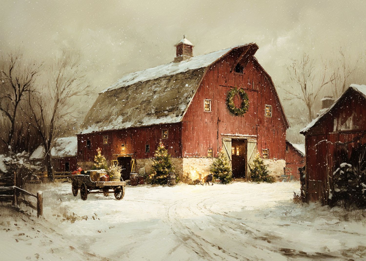 Red Barn with Wagon