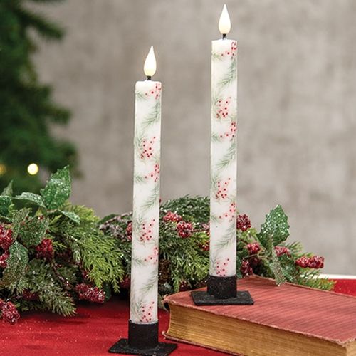 10" Winter Pine and Berry Tapers-Set of 2