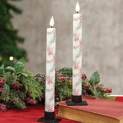 10" Winter Pine and Berry Tapers-Set of 2