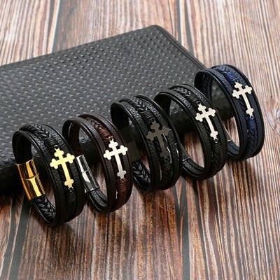 Stainless Steel Cross Fashion Bracelet Simple Trendy Men&#039;s Accessories Leather Woven Bracelet