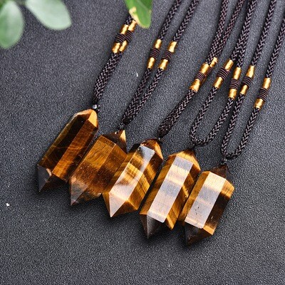 Natural Yellow Tiger Eye Stone Crystal Column Double Pointed Hexagonal Pendant Necklace Rough Polished
