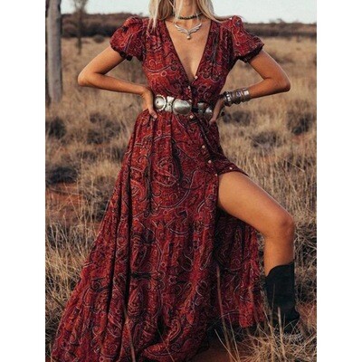 Summer Hot Style Women&#039;s Sexy Printed V-neck Short-sleeved Bohemian Holiday Dress