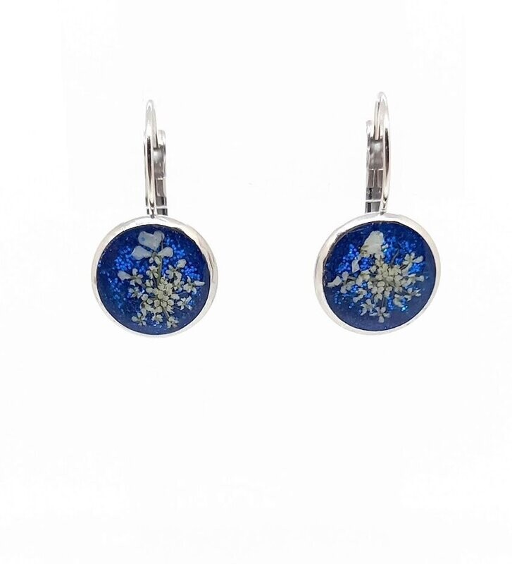 Dormeuses fleurs de Carottes, bleu pailleté D12mm