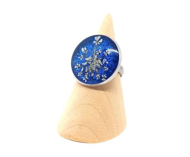 Bague fleur de Carotte, bleu pailleté. D 20mm
