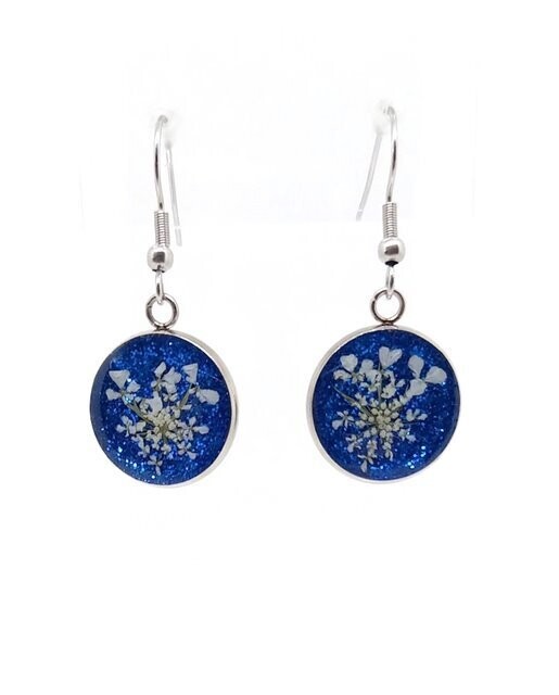 Boucles d'oreilles fleurs de Carottes, bleu pailleté