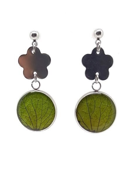 ​Clous d'oreilles, pétales d'Hortensia vert, fleur inox