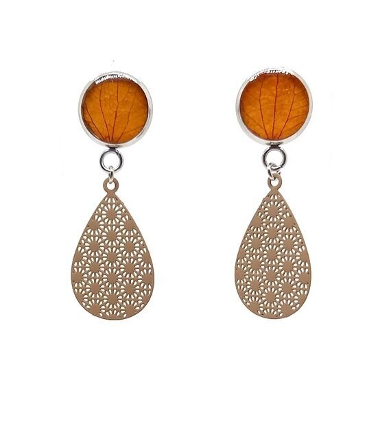 ​Clous d'oreilles, pétales d'Hortensia orange, goutte fleur de vie beige