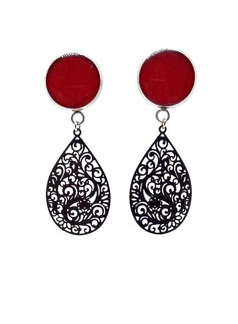 ​Clous d'oreilles, pétales de Rose rouge, goutte filigrane noir