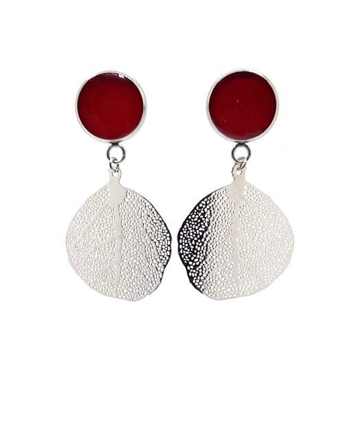 ​Clous d'oreilles, pétales de Rose rouge, feuille filigrane inox