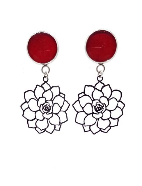 ​Clous d'oreilles, pétales de Rose rouge, fleur filigrane noir