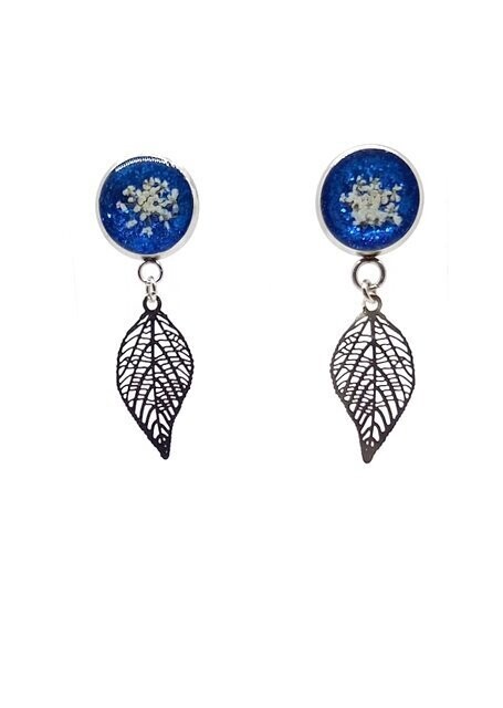 ​Clous d'oreilles, fleurs de Carotte, fond bleu pailleté, plumes filigrane