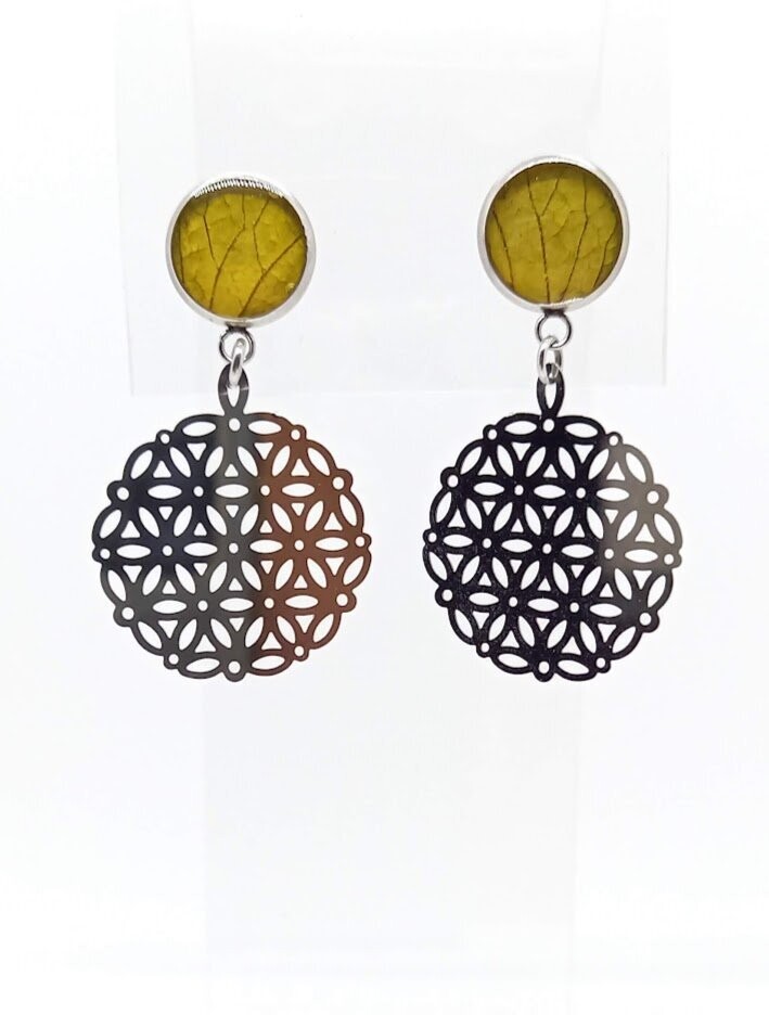 ​Clous d'oreilles, pétales d'Hortensia jaune, fleur de vie inox