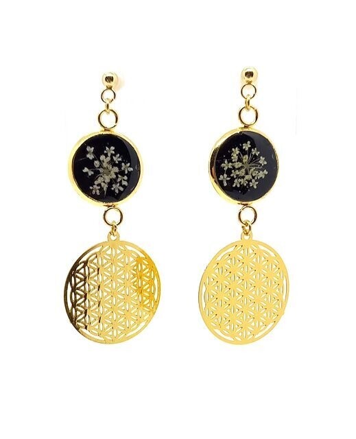 Boucles d'oreilles fleurs de Carotte, fond noir, cercle géométrique
