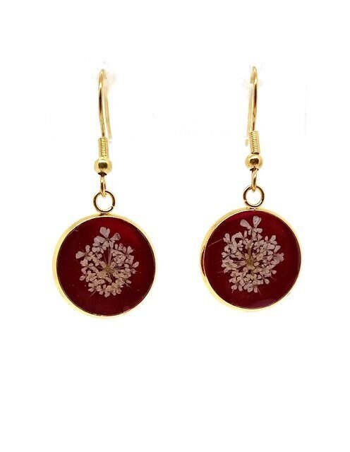 Boucles d'oreilles fleurs de Carotte, fond rouge cerise