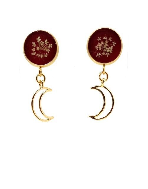 Boucles d'oreilles fleurs de Carotte, fond noir, lune creuse