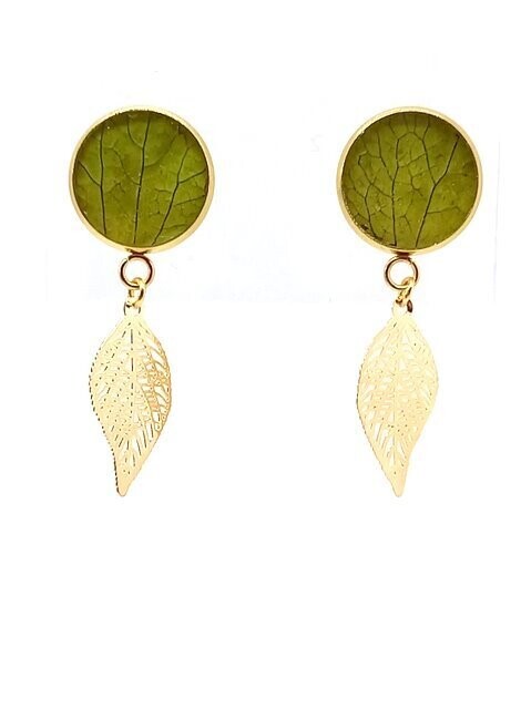 Boucles d'oreilles, pétales d'Hortensia vert, plumes métal doré