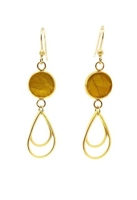 Boucles d'oreilles pétales d'Hortensia jaune, gouttes inox doré