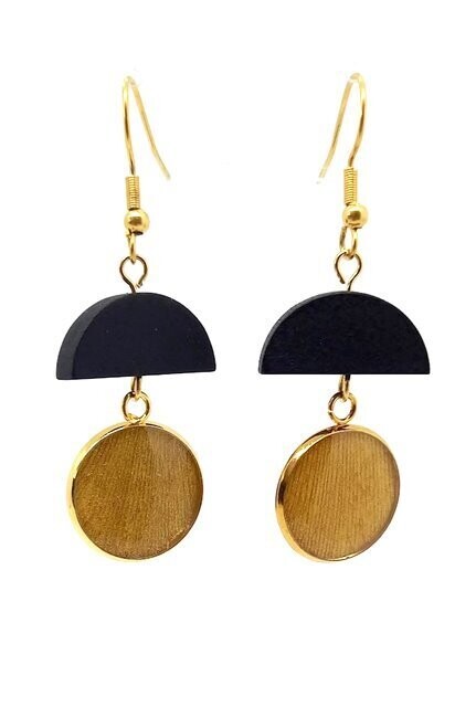 Boucles d'oreilles feuilles de Ginkgo doré, perles bois noir