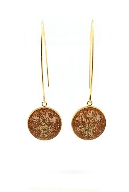 Boucles d'oreilles fleurs de Carotte sur fond pailleté bronze
