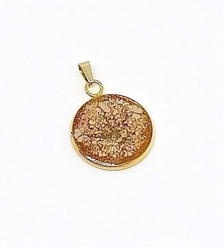 Pendentif inox doré, fleur de carotte sur fond pailleté bronze