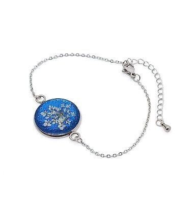 Bracelet chaine inox, fleur de Carotte, fond bleu pailleté. D20mm