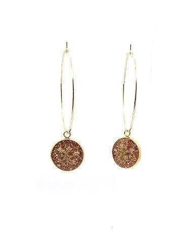 Boucles d'oreilles créoles, fleurs de Carotte, fond pailleté bronze