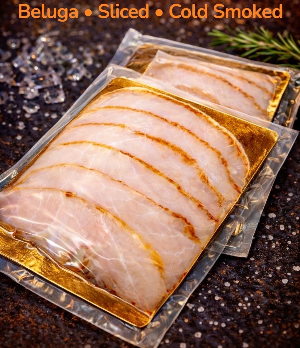 Cold Smoked BELUGA Sturgeon • Sliced • (Weight 8.8 OZ / 250 Grams per pack) • БАЛЫГ ОСЁТР - БЕЛУГА