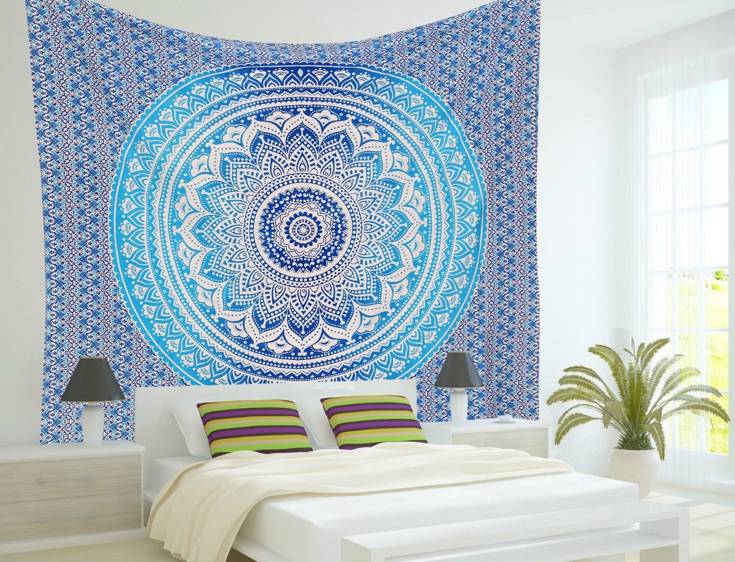 Ombre Mandala Tapestry Dorm Room Wall Hanging Bed Sheet Sofa Throw Cotton 210X240