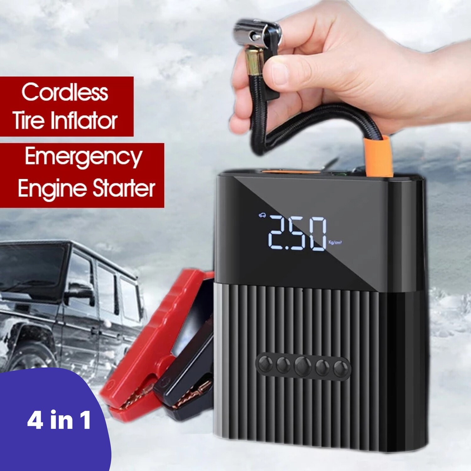 4 in 1 - Air pump,  Jump starter, Powerbank and Lighter