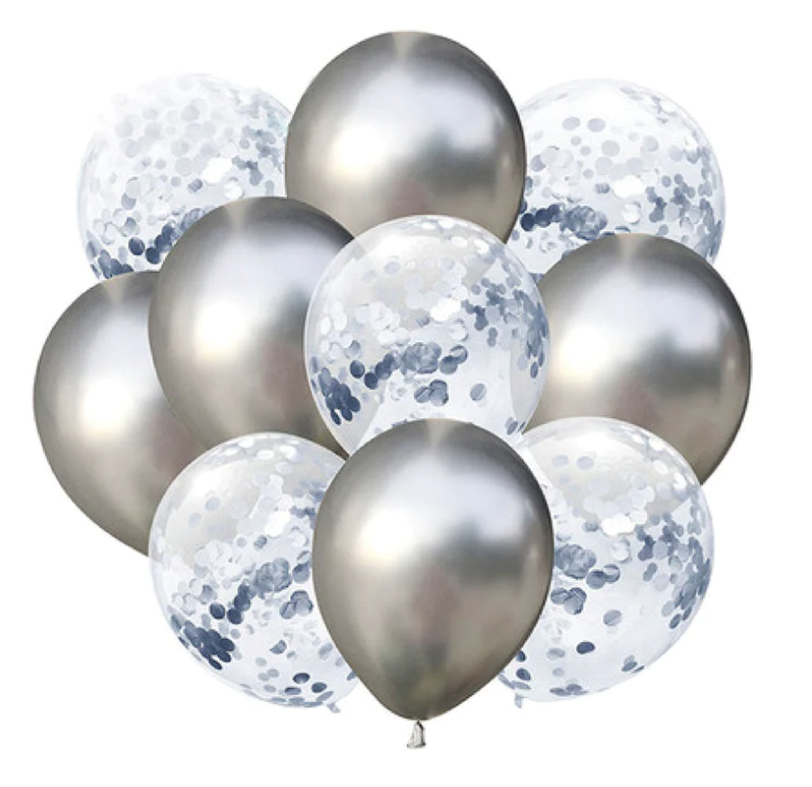 ​Sidabrinis chromo balionų rinkinys su 12'' konfeti 10vnt