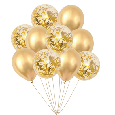 ​12 colių auksiniai balionai su konfeti 10vnt